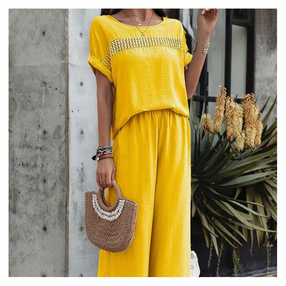 Casual Solid Color Short Sleeve Top and Long Pants Set