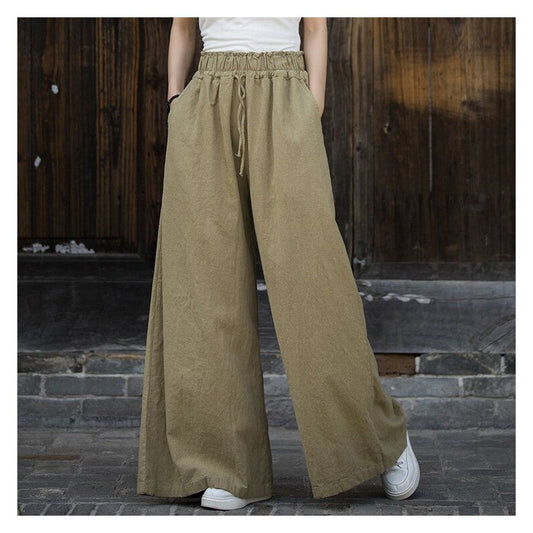 Solid Color Loose Elastic Waist Wide Leg Pants