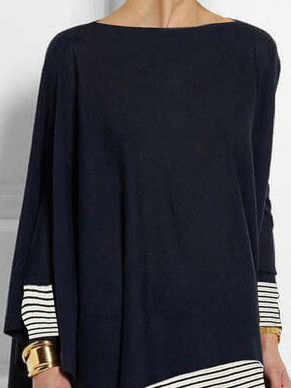 Striped Round Neck T-Shirt with Batwing Sleeves and Split-Joint Design
