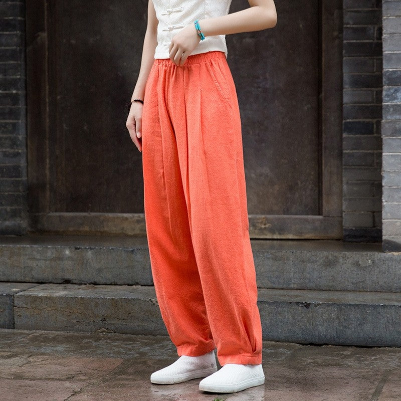 锛歐omen's Cotton And Linen Sand Washed Loose Lantern Pants