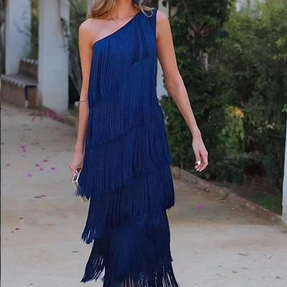 Fringe-Trimmed Asymmetric One-Shoulder Dress