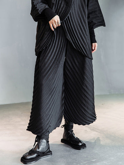 Urban Solid Color Pleated Outerwear&Pants Two Pieces Set