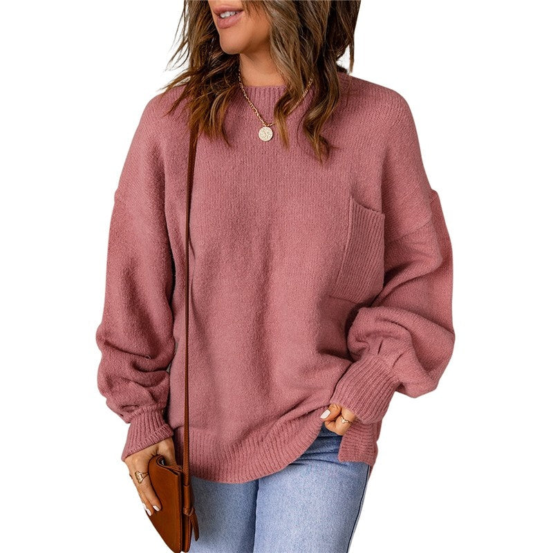 Loose Round Neck Lantern Sleeve Solid Color Sweater
