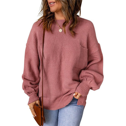 Loose Round Neck Lantern Sleeve Solid Color Sweater