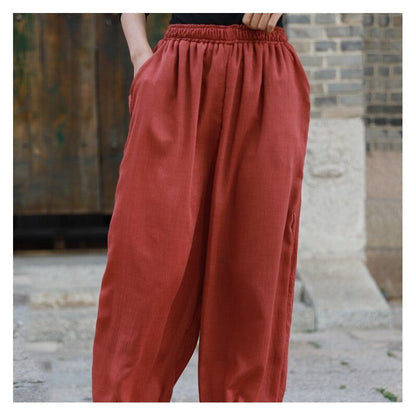 Loose Lantern Pants with Elastic Waist - Solid Color