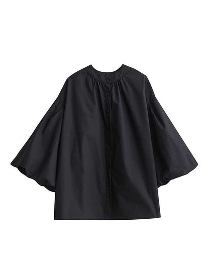 Loose Nine-Minute Sleeve Buttoned Hollow Pleated Solid Color Round-Neck Blouses&Shirts Tops
