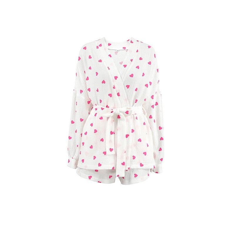 Heart Print Long Sleeve Tie-Waist Blouse and Shorts Set - Loungewear Suit