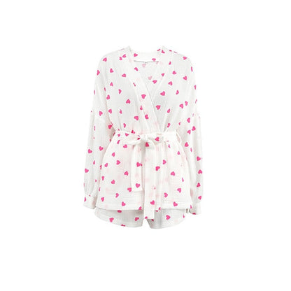 Heart Print Long Sleeve Tie-Waist Blouse and Shorts Set - Loungewear Suit