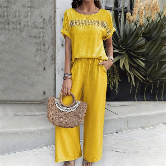 Casual Solid Color Short Sleeve Top and Long Pants Set