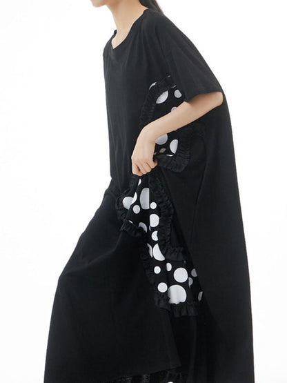 Loose Short Sleeves Polka-Dot Split-Joint Round-Neck Midi Dresses