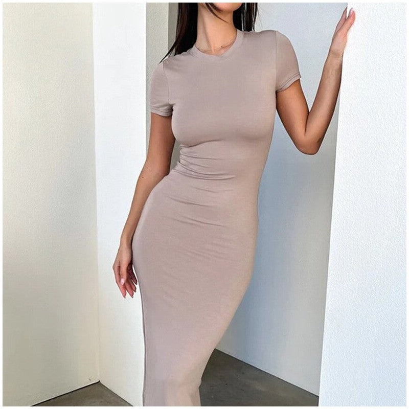 Solid Color Slim Fit Short Sleeve Dress