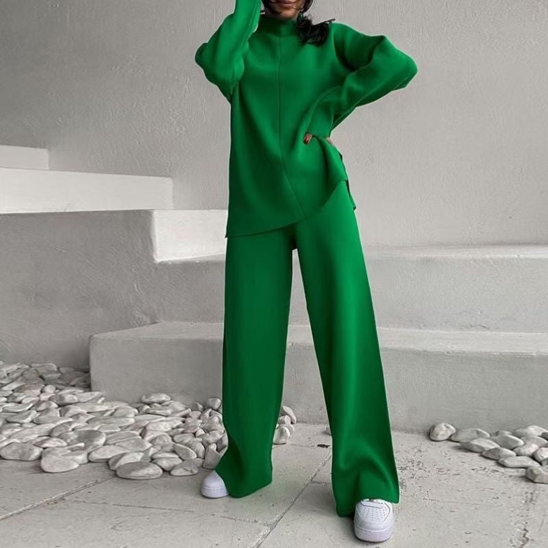 Casual Loose Knitted Two-Piece Set with Solid Color Long Sleeve Top and Pants