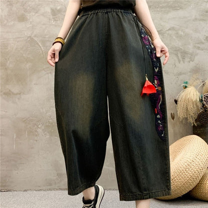 High-Waisted Wide Leg Pants With Embroidery And Tassels