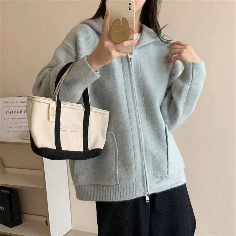 Solid Color Long Sleeve Hooded Zipper Pockets Casual Loose Cardigan Sweater