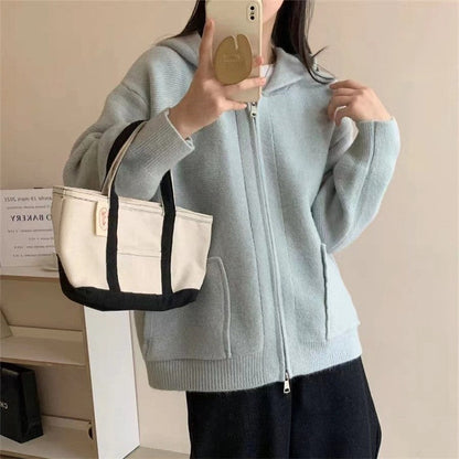 Solid Color Long Sleeve Hooded Zipper Pockets Casual Loose Cardigan Sweater
