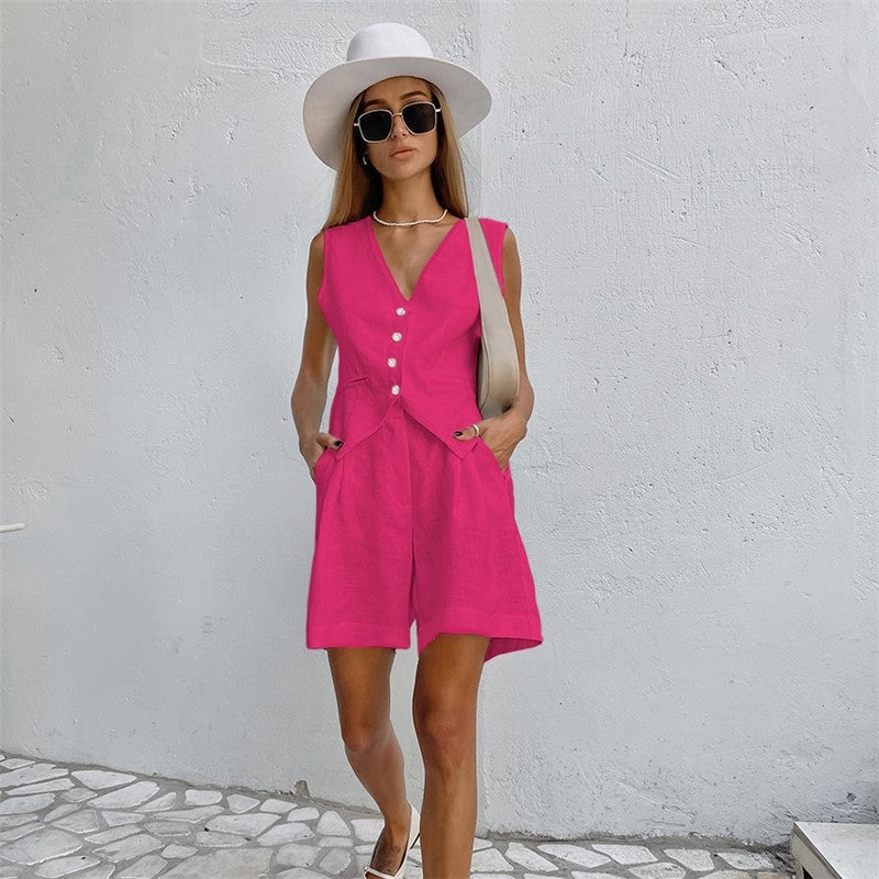 Casual Two-Piece Suit with Sleeveless Single-Breasted Vest and Shorts in Solid Color