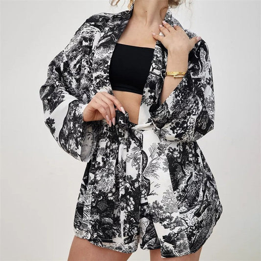Cozy Printed Long-Sleeve Shorts and Pajama Set