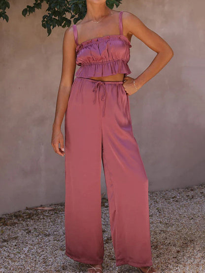 Elasticity Pleated Solid Color Spaghetti-Neck Tops + High Waisted Drawstring Pants Trousers Two Pieces Set