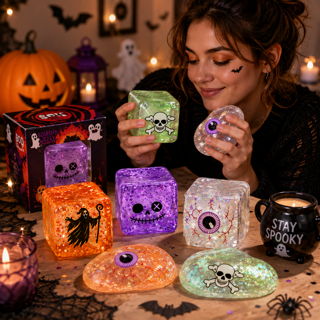 Halloween Squishy Jelly Cube 2-Pack Mystery Set – Glitter-Filled Slow-Rising Stress Relief Fidget Cubes | 4 Spooky Designs | 1.5" | Party Favors & Gifts