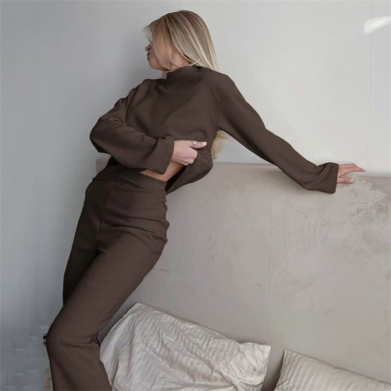 Solid Color Ribbed Crewneck Long Sleeve Top and Pants Lounge Set