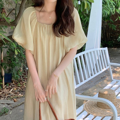 Solid Color Bubble Sleeve One-Shoulder Strap Pleated Dress
