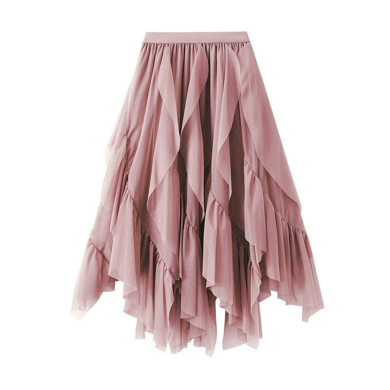 Elastic Waist Mesh Skirt with Irregular Ruffled Hem - Solid Color