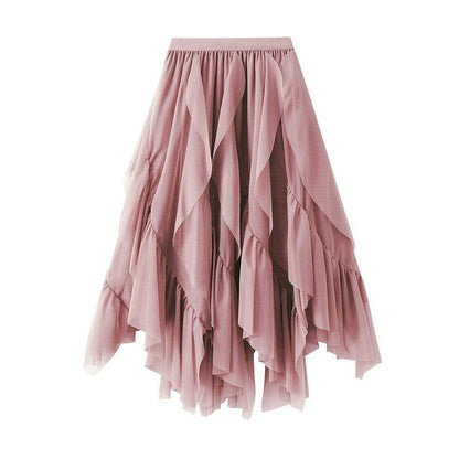 Elastic Waist Mesh Skirt with Irregular Ruffled Hem - Solid Color