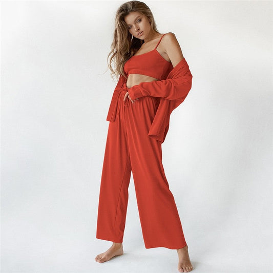 Three-Piece Cozy Home Ensemble - Tank Top, Lounge Pants, Long Robe