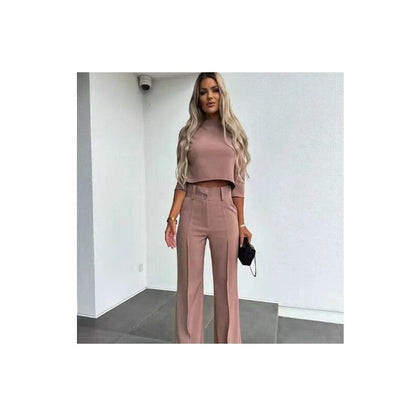 Solid Color Nine-Quarter Sleeve Top and Long Pants Ensemble