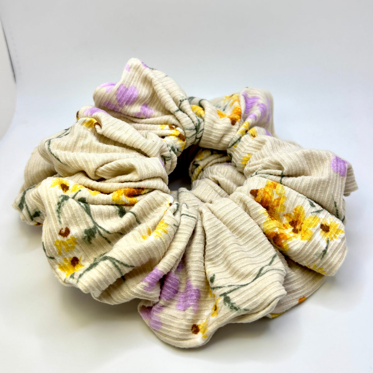 Ivory Floral Summer Ribbed Scrunchie
