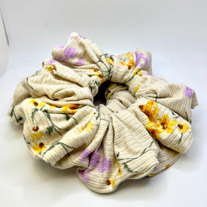 Ivory Floral Summer Ribbed Scrunchie