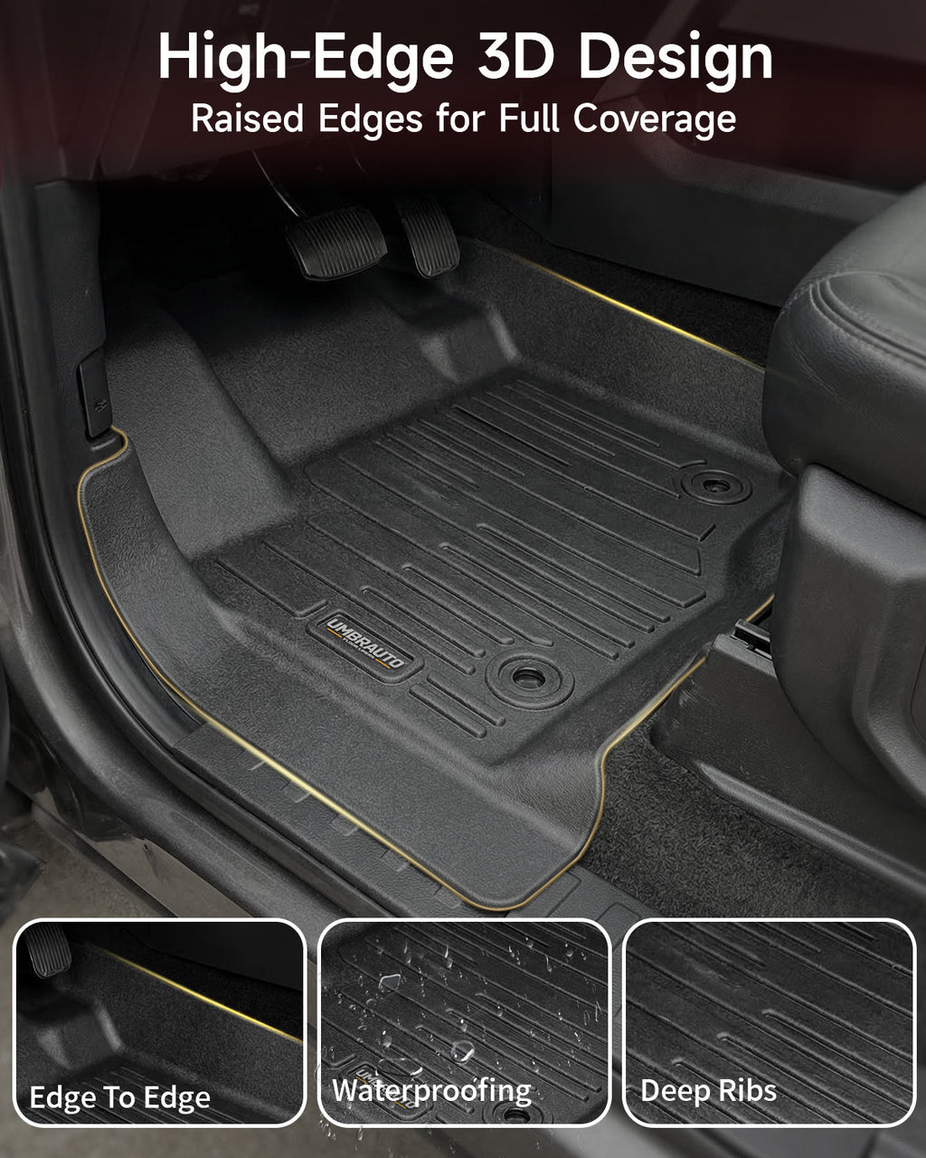 Umbrauto Custom Fit Floor Mats for Ford F250 F350 F450 2017-2025 2026 Super Duty Crew Cab, All Weather Protector TPE Truck Floor Liners for Front Bucket Seats, Rear W/Fold-Flat Storage, Carpet Floor