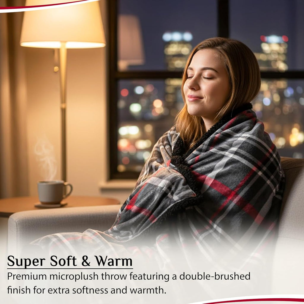 Midnight Plaid Sherpa Throw Blanket 50 x 60 Inches – Soft Fleece Front with Plush Sherpa Backing, Cozy Warm Decorative Throw for Sofa, Couch, Bed & Living Room