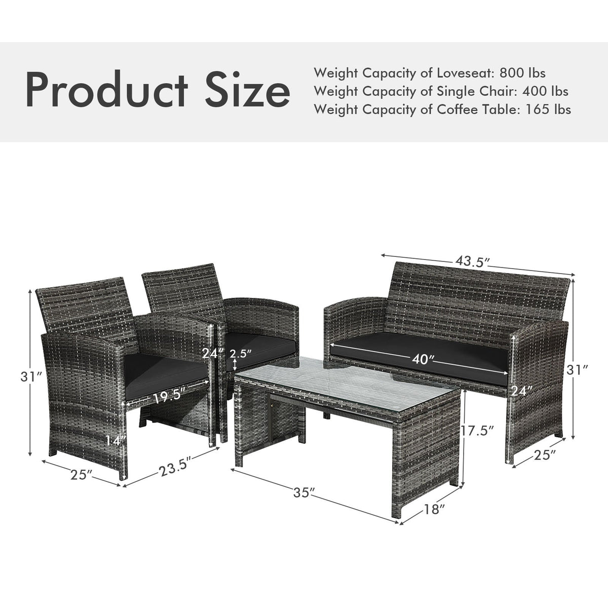 4 Pieces Patio Rattan Furniture Set with Glass Table and Loveseat-Gray