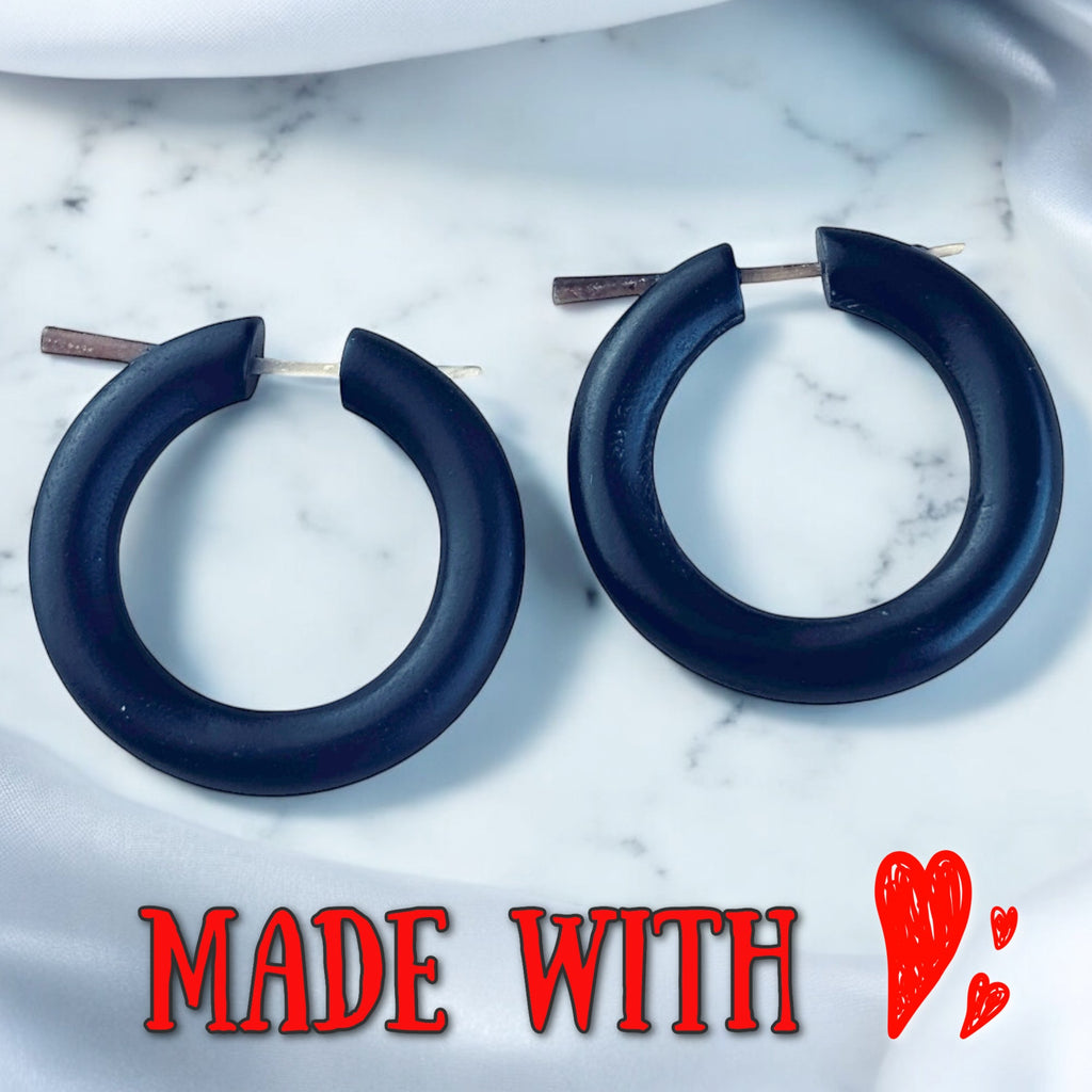 Black Wooden Hoop Earrings Boho Minimalist Lightweight Round Everyday Jewelry