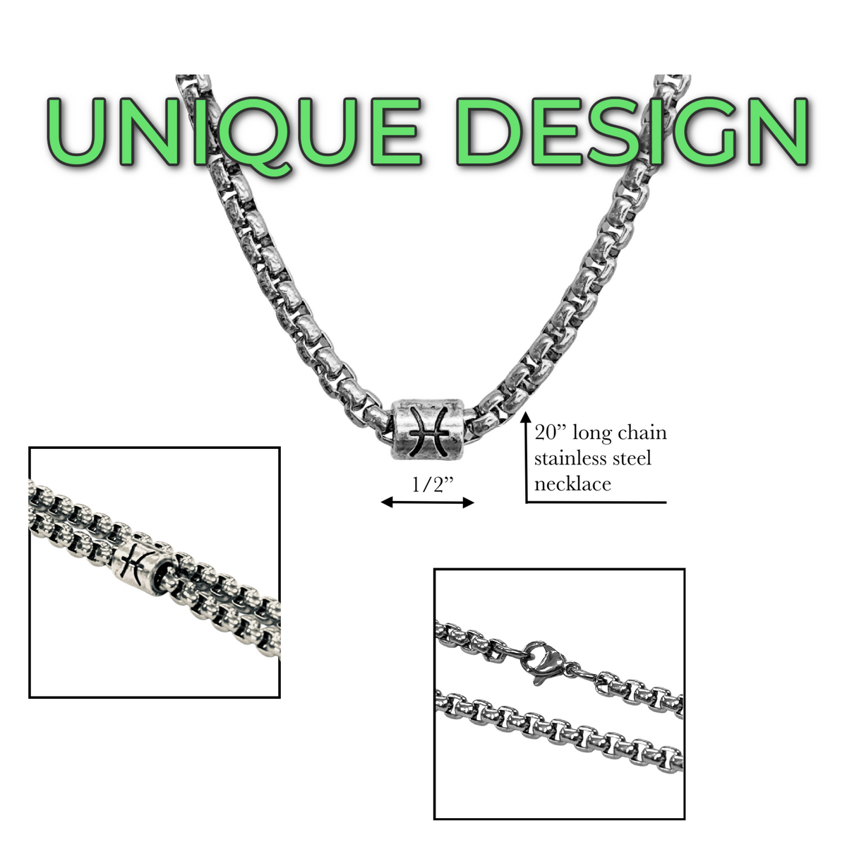 Vintage Zodiac Necklace Stainless Steel Box Chain Astrology Jewelry for Men