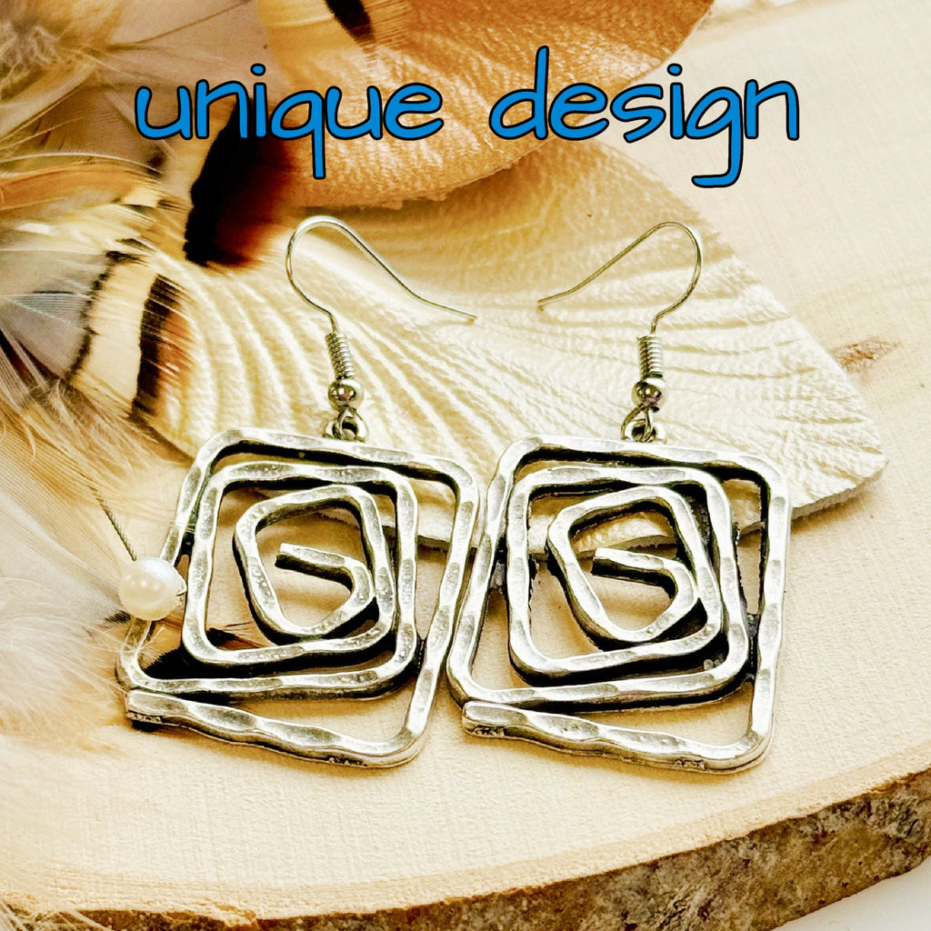 Boho Spiral Earrings Geometric Dangle Minimalist Silver Infinity Symbol Jewelry square or circle