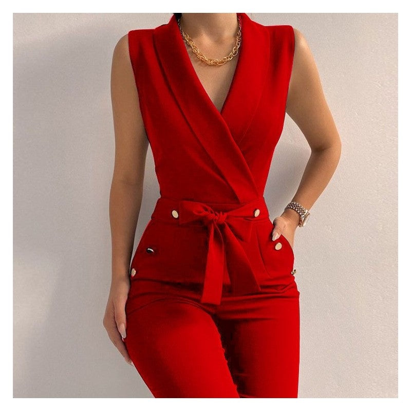 Solid Color V-Neck Sleeveless Jumpsuit - Professional Chic
