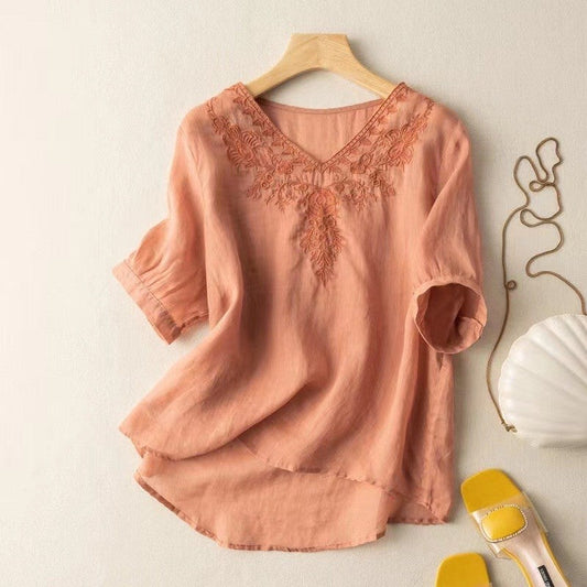Loose And Skinny Cotton Linen Short-Sleeved T-Shirt