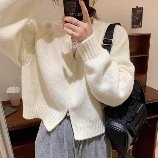Solid Color Long Sleeve Crewneck Zipper Knitted Cardigan Sweater
