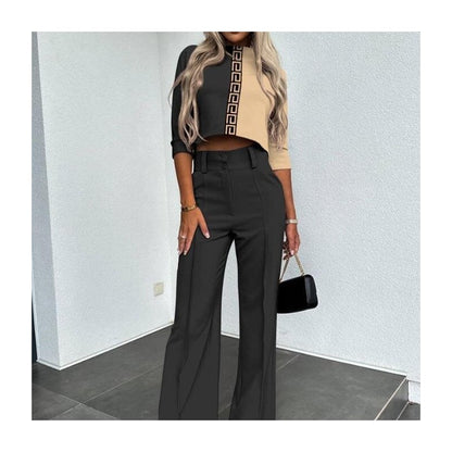 Solid Color Nine-Quarter Sleeve Top and Long Pants Ensemble