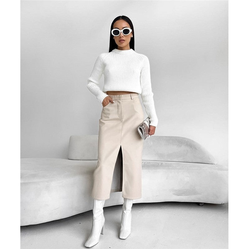 Retro High-Waisted PU Leather Skirt with Split Design