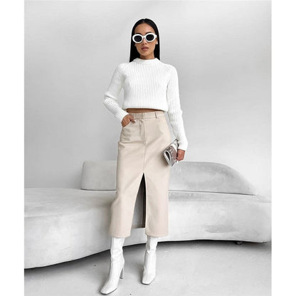 Retro High-Waisted PU Leather Skirt with Split Design