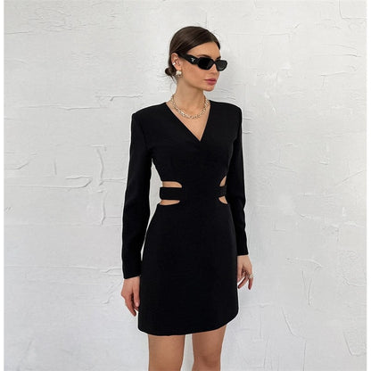 Solid Color Long Sleeve V-Neck Hollow A-Line Mini Dress