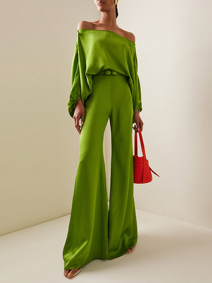 Solid Color Batwing Sleeves Off-The-Shoulder Blouse with Split Detail