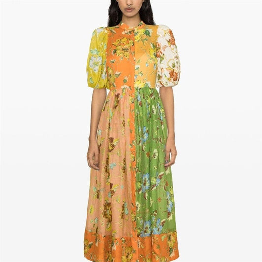 Floral Print Midi Dress with Bubble Sleeves