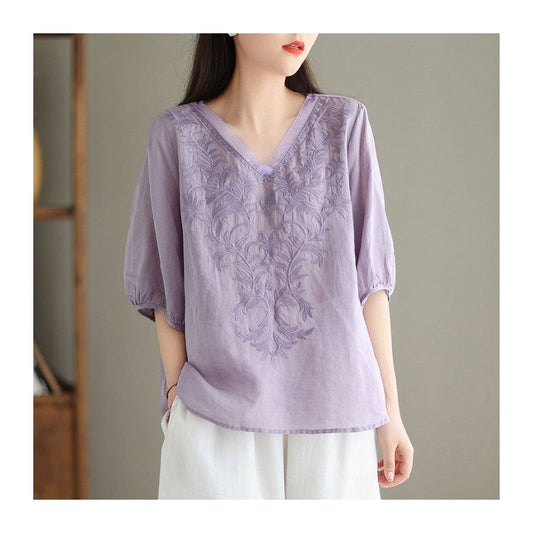 Casual V-Neck Embroidered Cotton-Linen Shirt with Heavy-Duty Construction