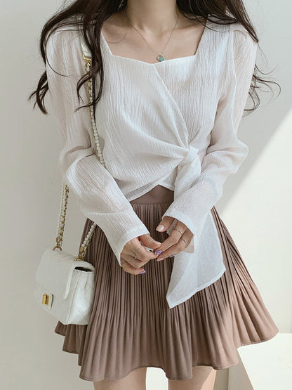 Original Solid Color Square-Neck Long Sleeves Tied Blouse