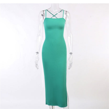 Solid Color Backless Halter Dress with High Split