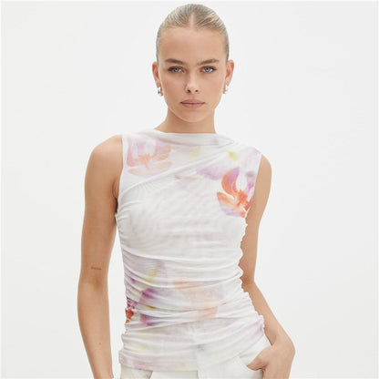 Printing Sleevelss Pleated Slim Tank Top